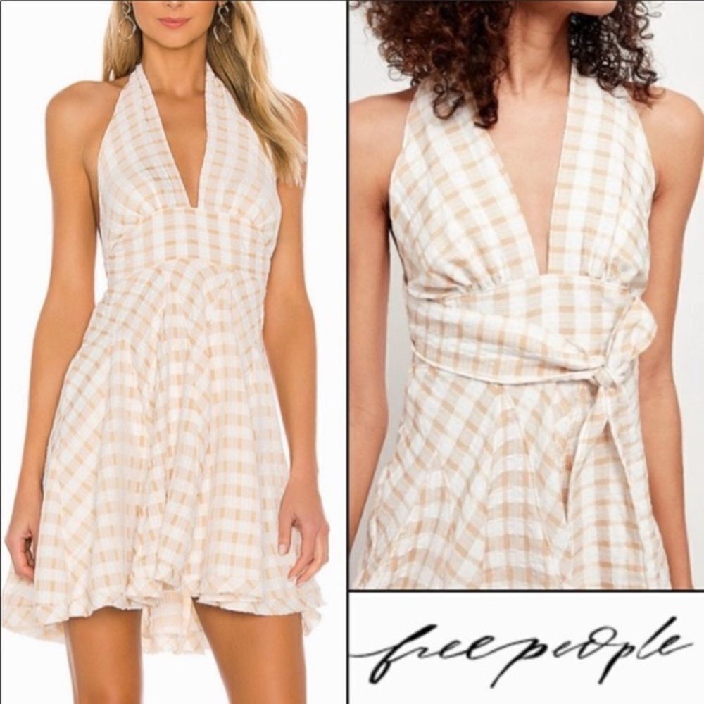 ✨HP✨FP Do The Twist Women's Gingham Deep V-Neck Pleated Mini Halter Dress✨